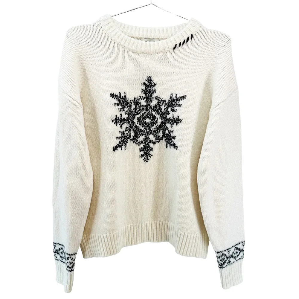 SUNDANCE Snowflake Whispers Sweater • Medium • cream‎ black • Winter Holiday